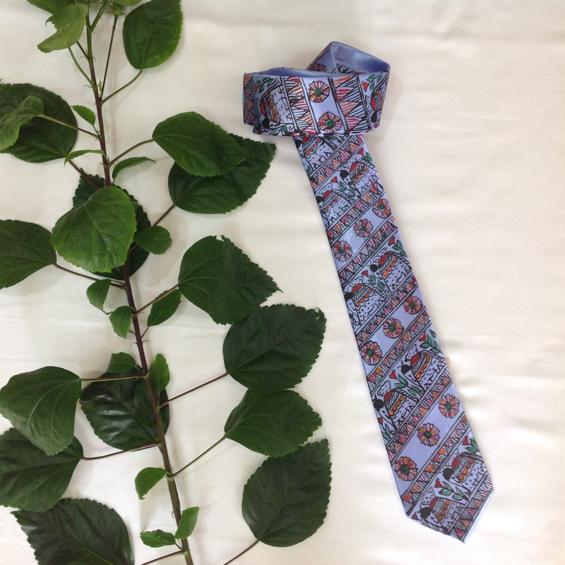Handpainted Madhubani Silk Tie – Light Blue with Elephant & Floral Motifs